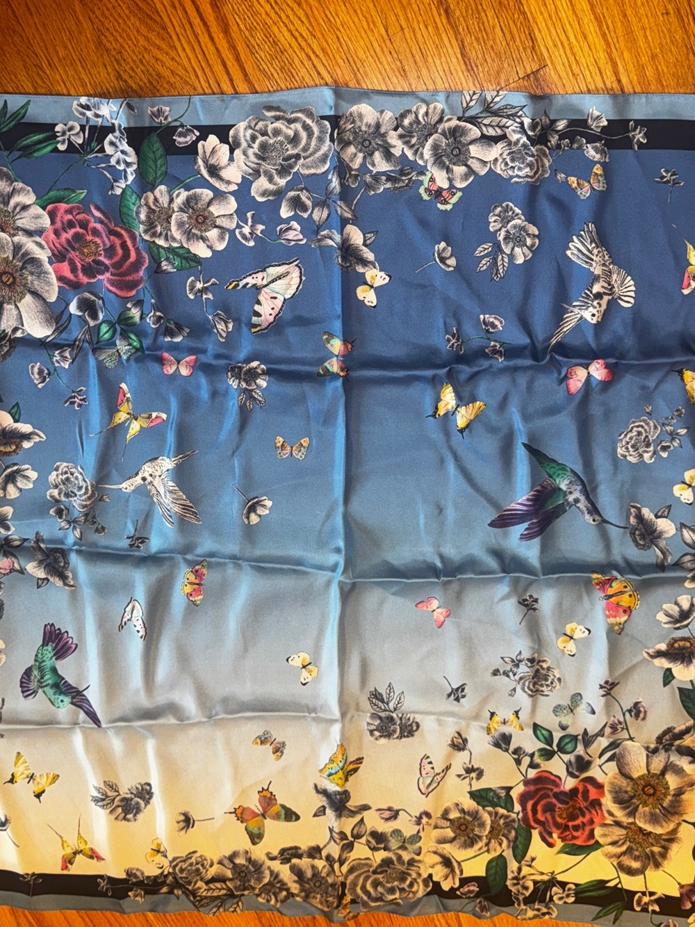 Talbots Silk Scarf NWT Blue Gradient Floral Hummingbird Butterfly Luxury Square